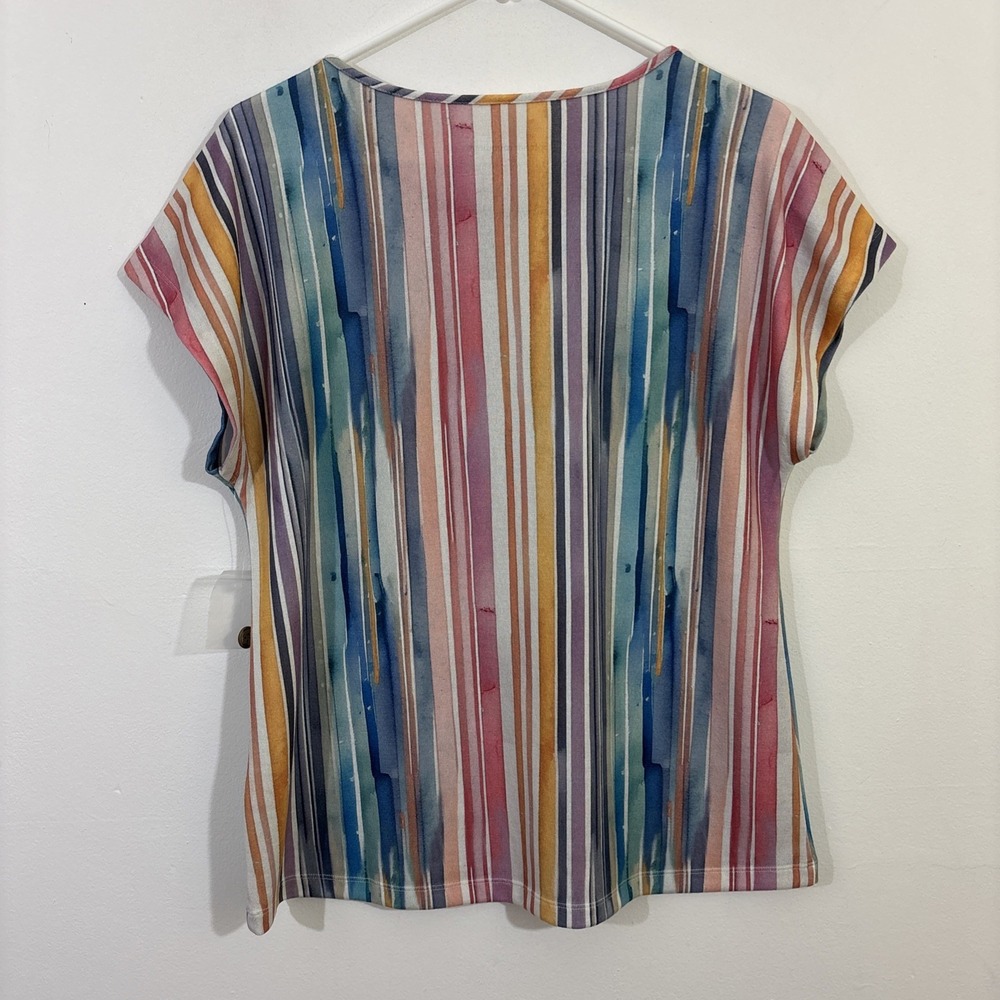 Soft Surroundings M Stripe Tee Shirt NWOT Button Pink Blue Coastal Brunch Casual - Picture 7 of 8